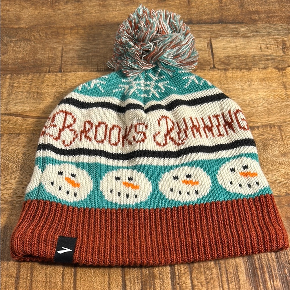 Brooks Blue and Brown Winter Knit Hat with Pom-Pom